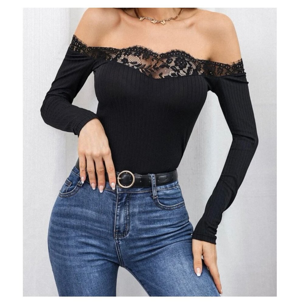 NWOT Black Off Lace Shoulder Top
